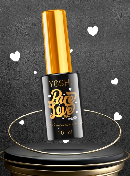 top hybrydowy z białymi serduszkami 10 ml, YOSHI Pure Love Top WHITE, transparentny top z efektem, szybkie zdobienia paznokci topem, romantyczne manicure z serduszkami, top UV Hybrid YOSHI