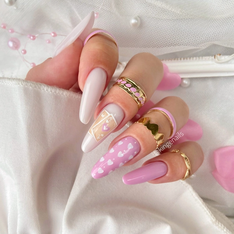 top hybrydowy z białymi serduszkami 10 ml, YOSHI Pure Love Top WHITE, transparentny top z efektem, szybkie zdobienia paznokci topem, romantyczne manicure z serduszkami, top UV Hybrid YOSHI