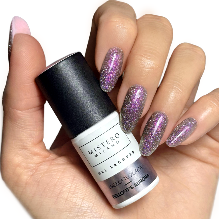 lakier hybrydowy „Halko! Tu Zorza”, lakier hybrydowy Mistero Milano 7 ml, efekt zorzy na paznokciach, trwały kolor hybrydowy dla stylistek paznokci, profesjonalny lakier kolorowy hybrydowy