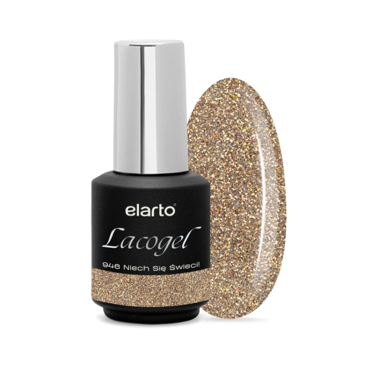 Elarto Lacogel 946, lakier hybrydowy złoty, lakier hybrydowy z drobinkami, lakier hybrydowy 7 ml, Frost Class kolekcja, stylizacja paznokci błysk, NaszePaznokcie.pl
