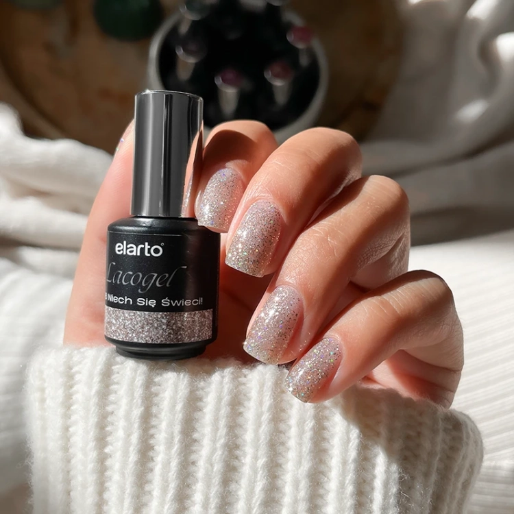 Elarto Lacogel 946, lakier hybrydowy złoty, lakier hybrydowy z drobinkami, lakier hybrydowy 7 ml, Frost Class kolekcja, stylizacja paznokci błysk, NaszePaznokcie.pl