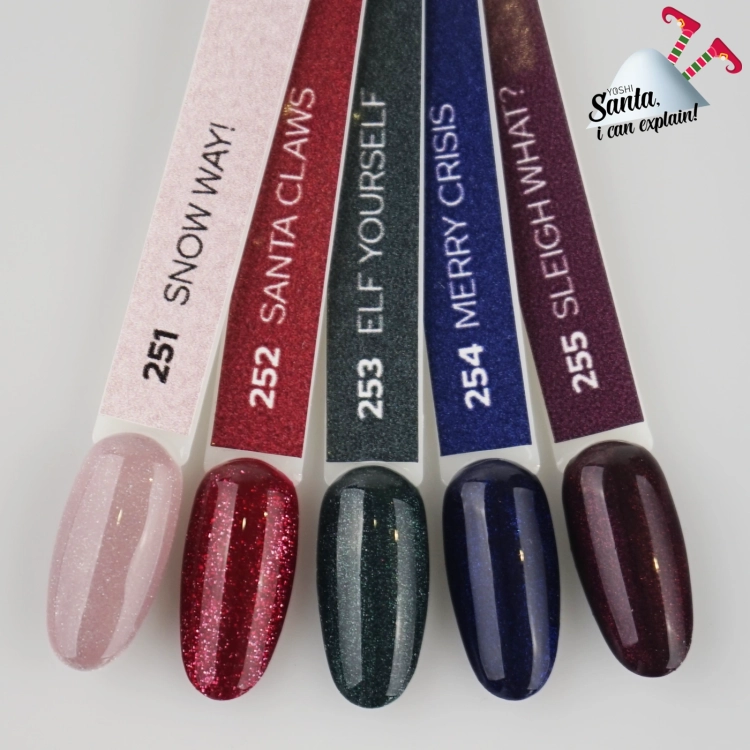 252 Santa Claws, Santa I Can Explain, intensywna czerwień hybrydowa, kremowa czerwień, delikatna drobina, manicure świąteczny, czerwony odcień YOSHI, świąteczny manicure grudniowy