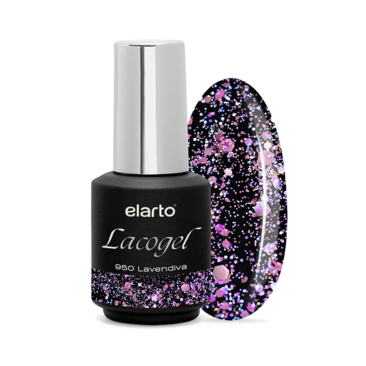 Lacogel 950 Lavendiva, lakier hybrydowy fioletowy, lakiery hybrydowe, manicure hybrydowy, holo lakier, princess glow, trwały lakier, paznokcie hybrydowe, elarto, lakier do paznokci, magiczny efekt, ametystowy glow,