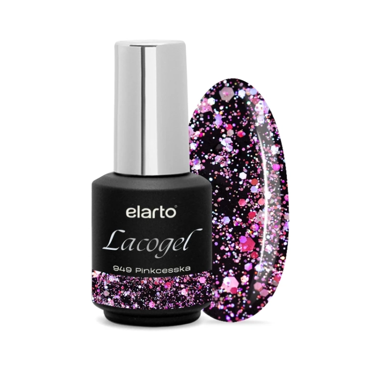 Lacogel 949 Pinkcesska, lakier hybrydowy różowy, lakiery hybrydowe, manicure hybrydowy, holo lakier, princess glow, trwały lakier, paznokcie hybrydowe, elarto, lakier do paznokci, księżniczkowy efekt, słodki blask