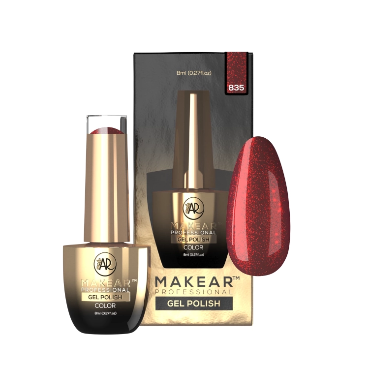 lakier hybrydowy Makear 835, brokatowy lakier hybrydowy, hybryda Glitter Makear, manicure hybrydowy UV LED, lakier hybrydowy 8 ml, trwały lakier do paznokci, lakier hybrydowy HEMA FREE, profesjonalny manicure hybrydowy