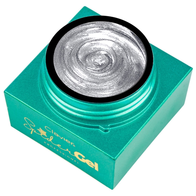 Clavier Spider Gel srebrny 5 g, spider gel pajęcza sieć do zdobień paznokci, żel do cienkich linii i detali geometrycznych, zdobienia french spider gel, wzory artystyczne nail art w salonie, gęsty żel do zdobień który nie rozlewa się na płytce.