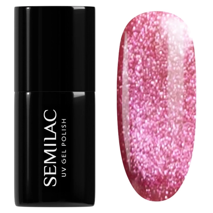 lakier hybrydowy Semilac Magnetic Raspberry 795, efekt cat eye magnetic, czerwony lakier hybrydowy z efektem flash, trwały lakier hybrydowy do salonów manicure