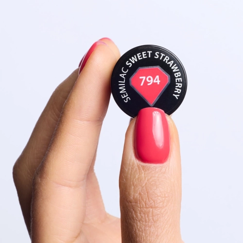 lakier hybrydowy Semilac Sweet Strawberry 794, czerwony lakier hybrydowy kremowy, intensywny lakier hybrydowy do manicure, profesjonalny czerwony lakier hybrydowy