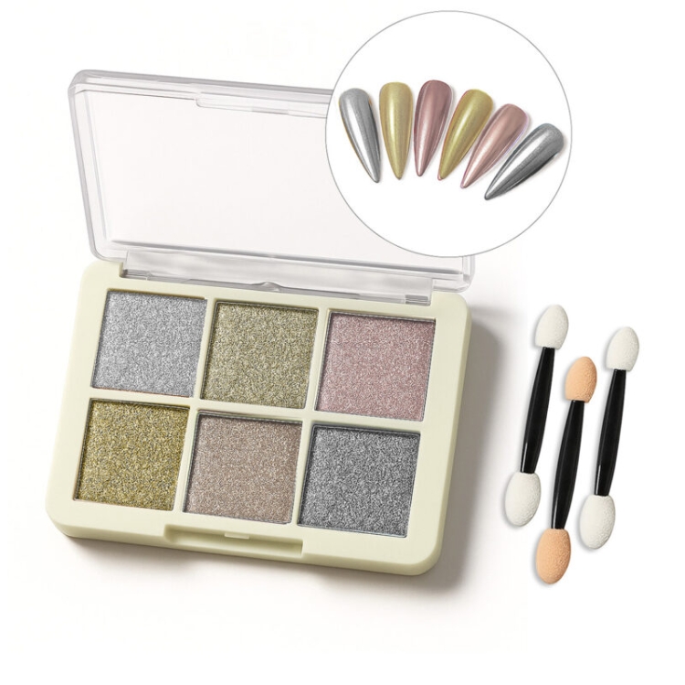 opalizujący pyłek do paznokci Clavier, paletka 6 pyłków opalizujących, pyłek manicure hybrydowy, efekt metallic i syrenki, profesjonalne zdobienia paznokci