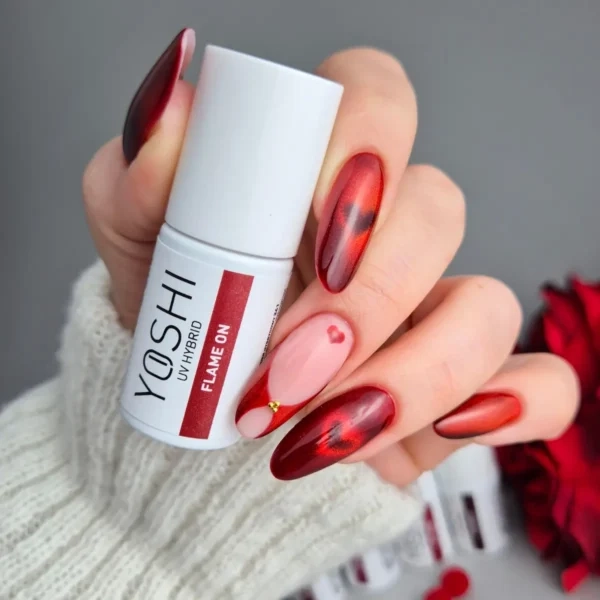 lakier hybrydowy Yoshi Flame On 261, czerwony lakier Cat Eye Yoshi, lakier hybrydowy magnetyczny czerwony, Yoshi Fireline lakier hybrydowy, profesjonalny lakier hybrydowy 6 ml, lakier do manicure hybrydowego Cat Eye