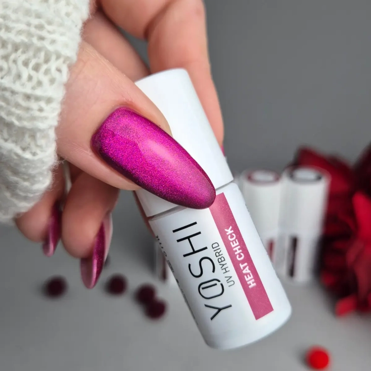 Yoshi Heat Check 262, malinowy lakier hybrydowy cat eye, lakier hybrydowy Yoshi 6 ml, malinowy cat eye hybryda, profesjonalny lakier hybrydowy Yoshi, lakier hybrydowy z różowym refleksem