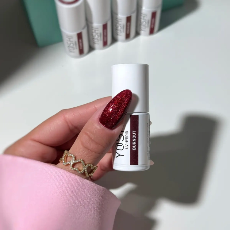 Yoshi Burnout 263, lakier hybrydowy Yoshi bordowy, lakier hybrydowy Cat Eye 6 ml, Fireline lakier Yoshi, bordowy lakier hybrydowy efekt Cat Eye