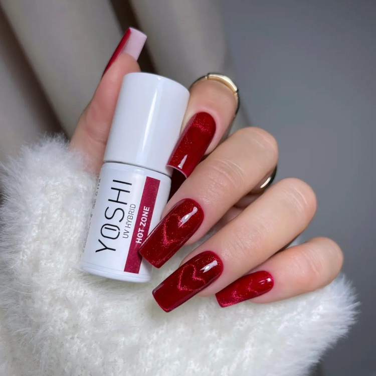 Yoshi Hot Zone 265, lakier hybrydowy Yoshi czerwony Cat Eye, intensywna czerwień hybrydowy Yoshi, lakier hybrydowy Fireline Cat Eye, lakier hybrydowy 6 ml