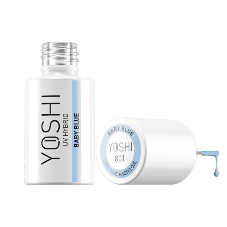 lakier hybrydowy Yoshi Baby Blue 801, pastelowy lakier hybrydowy niebieski, Yoshi kolekcja Cooltove Pastelove, profesjonalny lakier hybrydowy 6 ml, delikatny błękit manicure