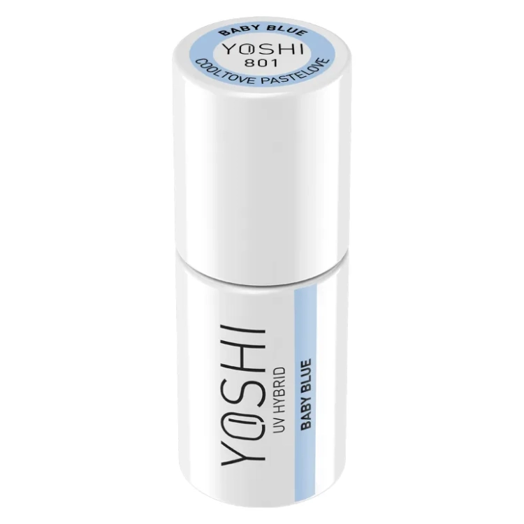 lakier hybrydowy Yoshi Baby Blue 801, pastelowy lakier hybrydowy niebieski, Yoshi kolekcja Cooltove Pastelove, profesjonalny lakier hybrydowy 6 ml, delikatny błękit manicure
