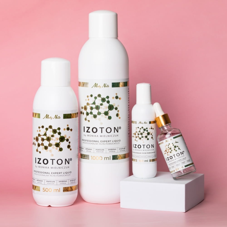 IZOTON płyn pomocniczy do paznokci, odtłuszczanie płytki, dehydratacja płytki, adhezja manicure, preparat profesjonalny Molly Nails, przygotowanie paznokci pod acrylo-gel