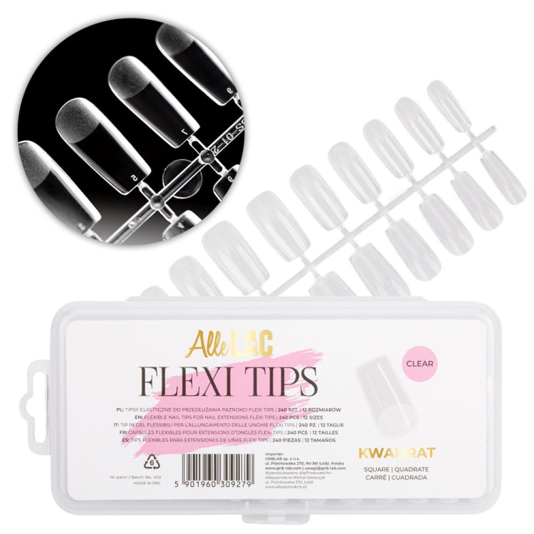 Flexi Tips Molly Nails kwadrat 240 szt, tipsy do szybkiego przedłużania paznokci, tipsy MollyLac kwadrat, elastyczne tipsy do paznokci, ekspresowe tipsy do manicure