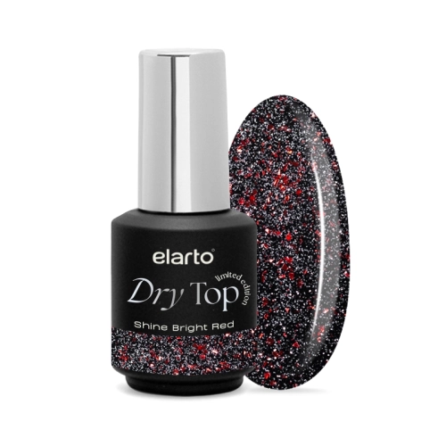 Elarto Dry Top Shine Bright Red, top hybrydowy flash czerwony, top no wipe Elarto, top hybrydowy z efektem flash, top błyszczący do paznokci, profesjonalny top wykończeniowy Elarto .webp