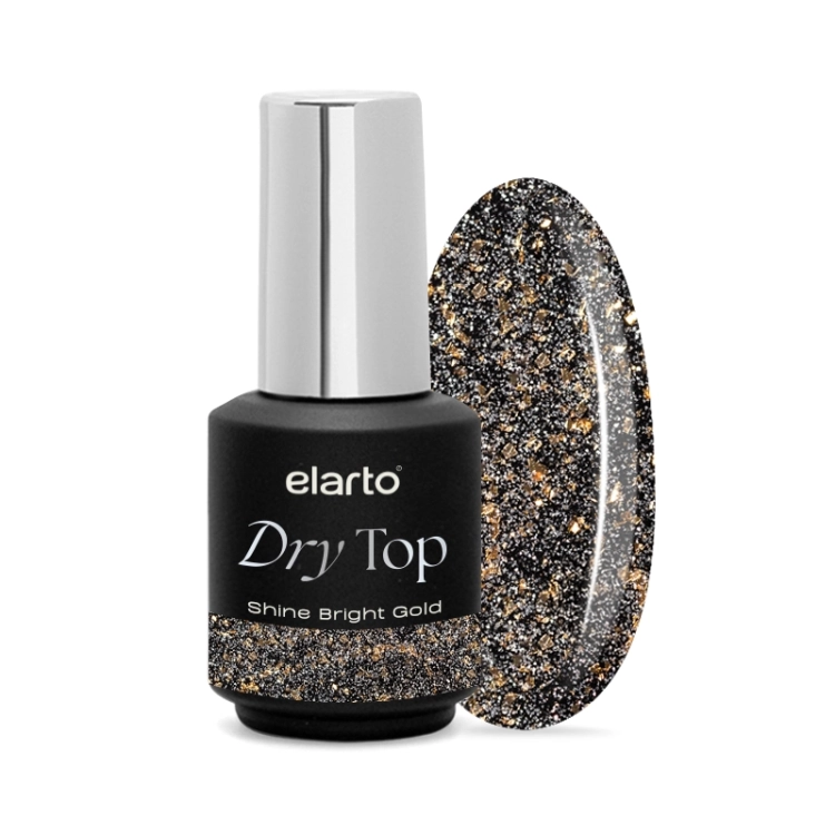 Elarto Dry Top Shine Bright Gold, top hybrydowy flash złoty, top no wipe Elarto, top z drobinkami złoty, top hybrydowy efekt flash, profesjonalny top do paznokci Elarto