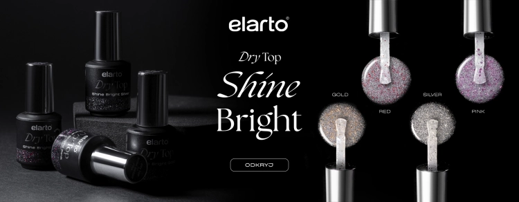 Elarto Dry Top Shine Bright Gold, top hybrydowy flash złoty, top no wipe Elarto, top z drobinkami złoty, top hybrydowy efekt flash, profesjonalny top do paznokci Elarto