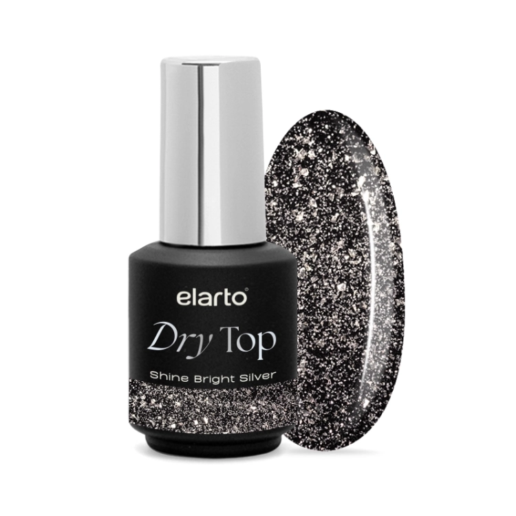 Elarto Dry Top Shine Bright Silver, top hybrydowy flash srebrny, top no wipe Elarto, top z drobinkami srebrnymi, top hybrydowy efekt flash, profesjonalny top do paznokci Elarto