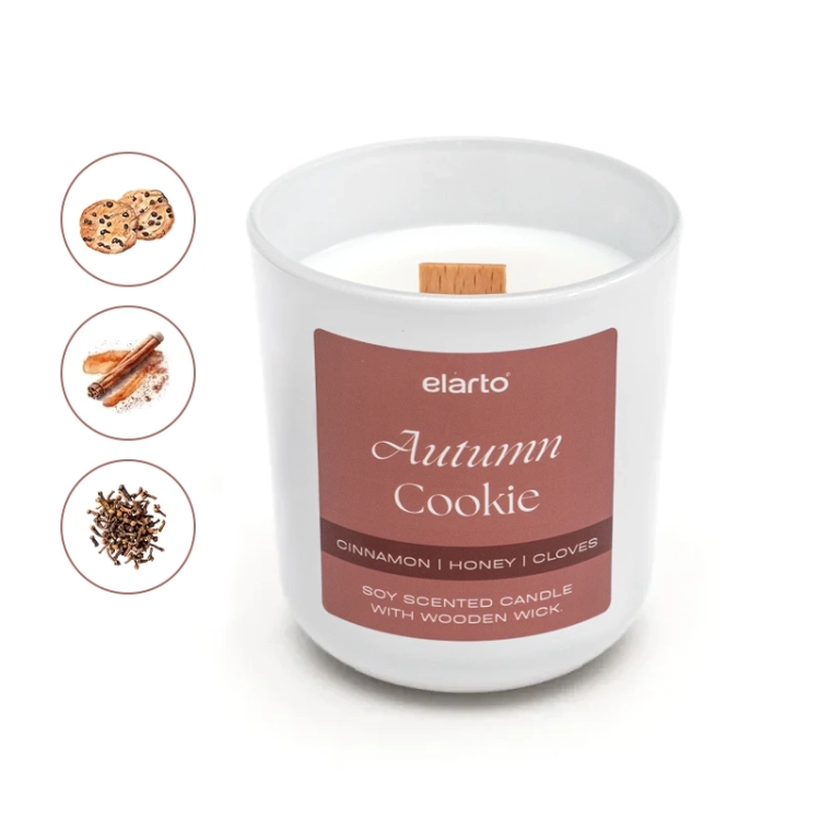 świeca sojowa elarto Autumn Cookie, świeca jesienna piernik, świeca cynamon miód, świeca z drewnianym knotem, naturalna świeca sojowa, świeca zapachowa elarto