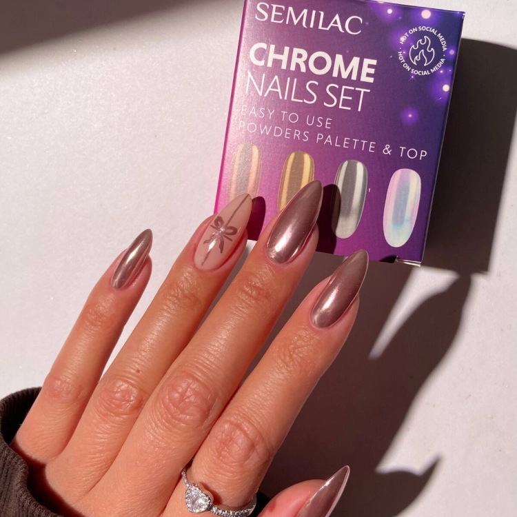 Semilac Chrome Nails Set, pyłki chromowane Semilac, metaliczny manicure, Top No Wipe Semilac, zestaw Semilac do manicure, chrome powder palette