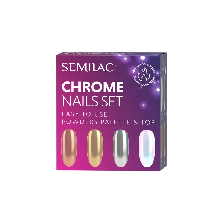 Semilac Chrome Nails Set, pyłki chromowane Semilac, metaliczny manicure, Top No Wipe Semilac, zestaw Semilac do manicure, chrome powder palette