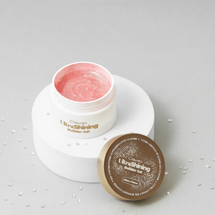 Ultra‑lśniący żel budujący Clavier UltraShining Builder Gel, żel budujący do paznokci z blaskiem, builder gel z drobinkami i złotymi płatkami, żel do manicure i przedłużania, trwały żel budujący dla stylistek paznokci