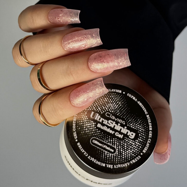 Ultra‑lśniący żel budujący Clavier UltraShining Builder Gel, żel budujący do paznokci z blaskiem, builder gel z drobinkami i złotymi płatkami, żel do manicure i przedłużania, trwały żel budujący dla stylistek paznokci