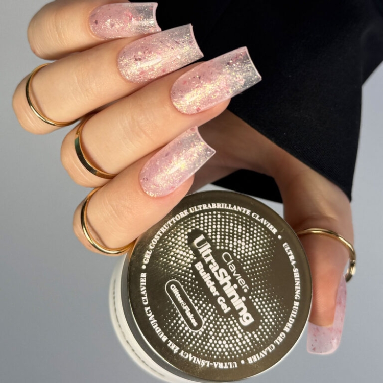 Ultra‑lśniący żel budujący Clavier UltraShining Builder Gel 01 Say My Name, builder gel do paznokci, żel z drobinkami i płatkami, żel do manicure, żel do przedłużania paznokci, samopoziomujący żel budujący