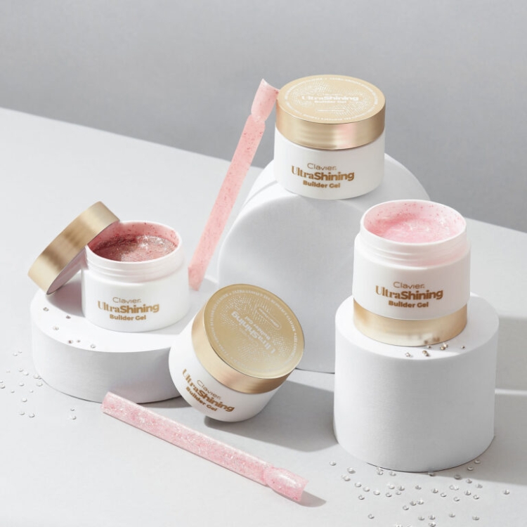 Ultra‑lśniący żel budujący Clavier UltraShining Builder Gel 01 Say My Name, builder gel do paznokci, żel z drobinkami i płatkami, żel do manicure, żel do przedłużania paznokci, samopoziomujący żel budujący