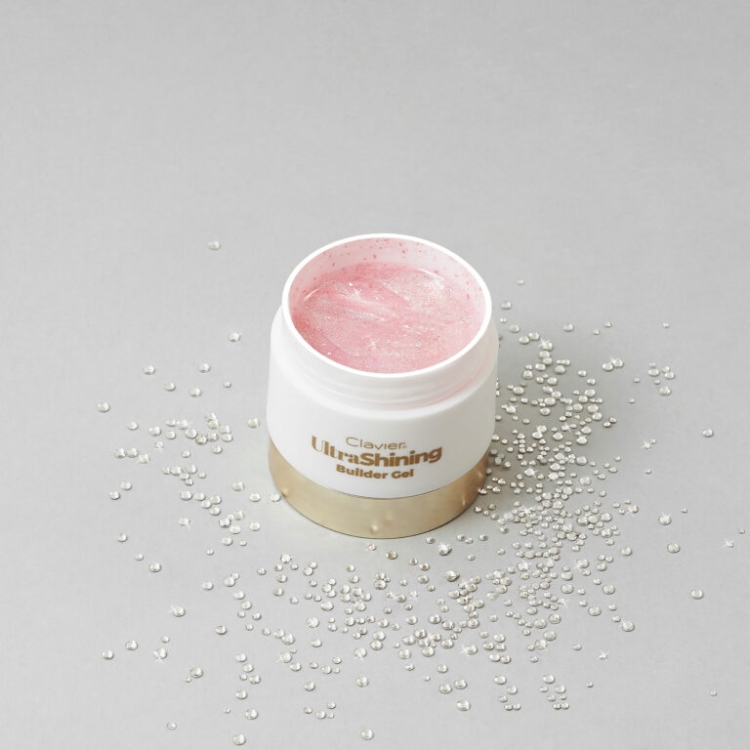 Ultra‑lśniący żel budujący Clavier UltraShining Builder Gel 01 Say My Name, builder gel do paznokci, żel z drobinkami i płatkami, żel do manicure, żel do przedłużania paznokci, samopoziomujący żel budujący