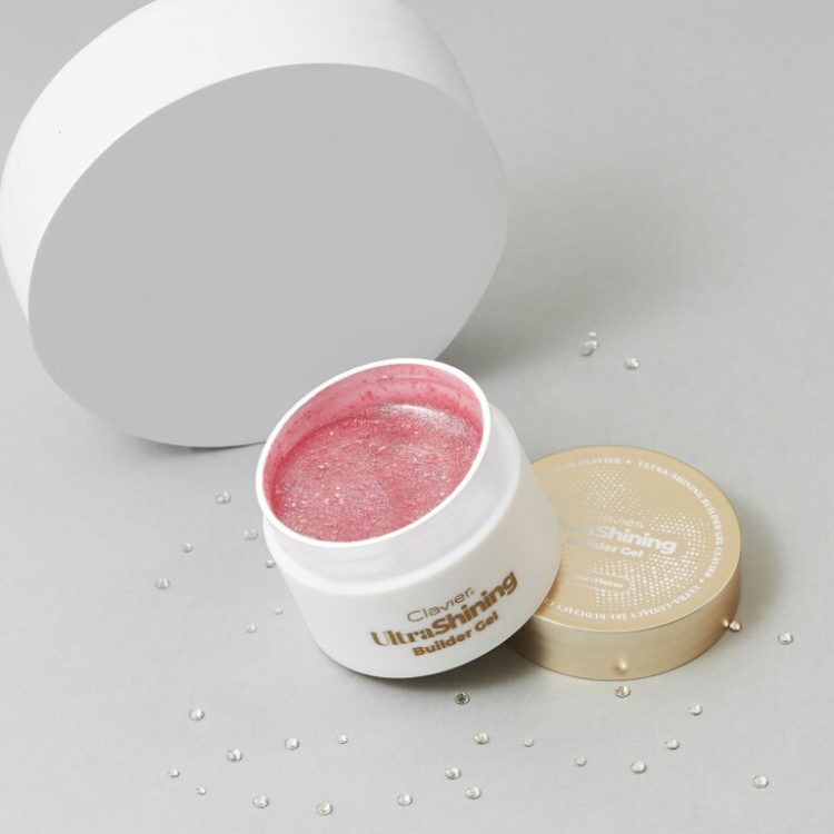 Ultra‑lśniący żel budujący Clavier UltraShining Builder Gel Candy Delight 02, żel budujący do paznokci z ultra blaskiem, builder gel do manicure i przedłużania, żel z drobinkami i złotymi płatkami, profesjonalny żel Clavier do stylizacji paznokci