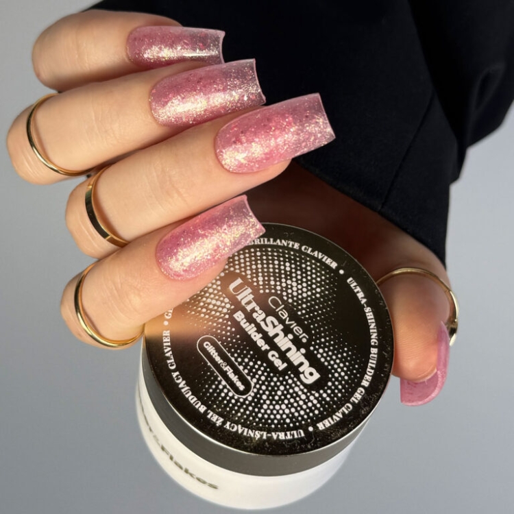Ultra‑lśniący żel budujący Clavier UltraShining Builder Gel Candy Delight 02, żel budujący do paznokci z ultra blaskiem, builder gel do manicure i przedłużania, żel z drobinkami i złotymi płatkami, profesjonalny żel Clavier do stylizacji paznokci