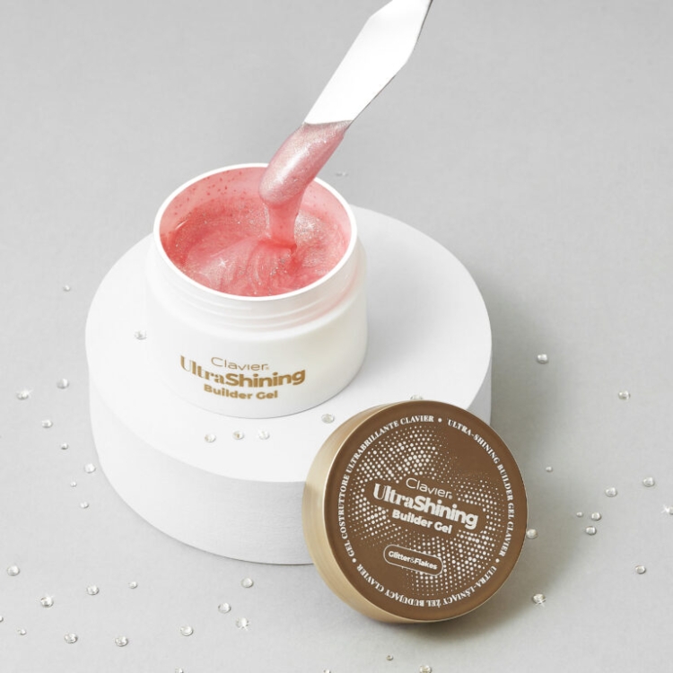 Ultra‑lśniący żel budujący Clavier UltraShining Builder Gel Candy Delight 02, żel budujący do paznokci z ultra blaskiem, builder gel do manicure i przedłużania, żel z drobinkami i złotymi płatkami, profesjonalny żel Clavier do stylizacji paznokci