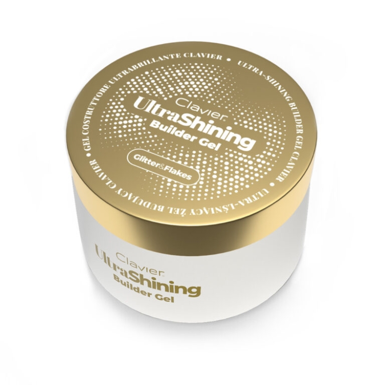 Ultra‑lśniący żel budujący Clavier UltraShining Builder Gel Glitter & Flakes 04 Call Me Queen 30 g, żel budujący z efektem blasku, żel do przedłużania paznokci, builder gel z brokatem, profesjonalny żel do paznokci