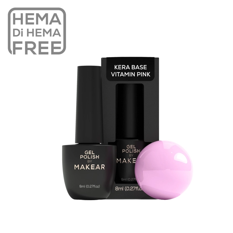 Makear Kera Base Vitamin Pink, baza keratynowa z witaminą E 8 ml, kolorowa baza hybrydowa różowa, manicure hybrydowy baza 2w1