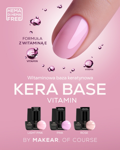 Makear Kera Base Vitamin Pink, baza keratynowa z witaminą E 8 ml, kolorowa baza hybrydowa różowa, manicure hybrydowy baza 2w1