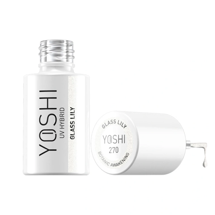 lakier hybrydowy Yoshi 270 Glass Lily, biały lakier hybrydowy z drobiną, pastelowy lakier hybrydowy Yoshi, lakier hybrydowy 6 ml Yoshi, kolekcja Botanic Awakening, jasny lakier hybrydowy do manicure.