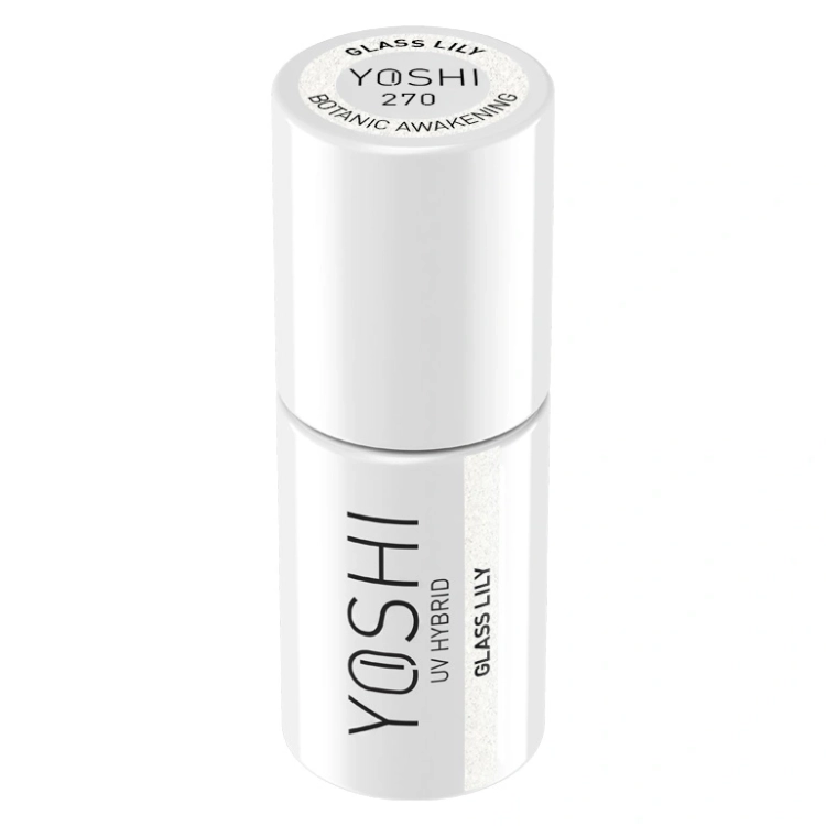 lakier hybrydowy Yoshi 270 Glass Lily, biały lakier hybrydowy z drobiną, pastelowy lakier hybrydowy Yoshi, lakier hybrydowy 6 ml Yoshi, kolekcja Botanic Awakening, jasny lakier hybrydowy do manicure.