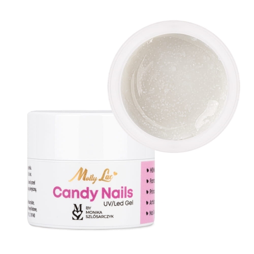 żel Candy Snow MollyLac, biały żel do zdobień z drobinkami, Candy Nails MollyLac, żel do princess nails, żel mleczny do paznokci
