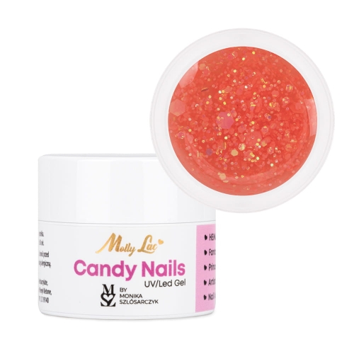 żel Candy Peach MollyLac, żel brzoskwiniowy do zdobień, Candy Nails MollyLac, żel z drobinkami paznokcie, żel do princess nails