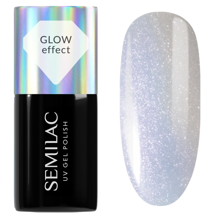 Semilac 986 Milky Blue Glow, mleczny błękit hybryda glow, półtransparentny lakier Semilac, efekt rozświetlenia paznokci, glow nails niebieski