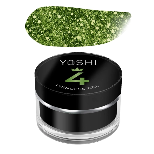 yoshi princess gel green 5g, zielony żel do zdobień paznokci, żel z drobinami i heksagonami, nail art żel uv led, princess nails green, efekt głębi paznokcie