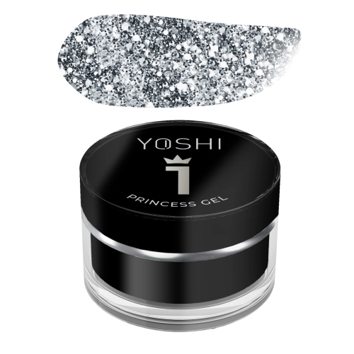 yoshi princess gel 5g, żel do zdobień paznokci yoshi, żel z drobinami i heksagonami, nail art żel uv led, princess nails żel, żel efekt blasku i głębi