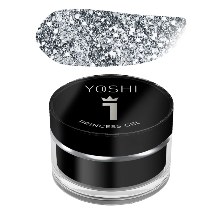 yoshi princess gel 5g, żel do zdobień paznokci yoshi, żel z drobinami i heksagonami, nail art żel uv led, princess nails żel, żel efekt blasku i głębi