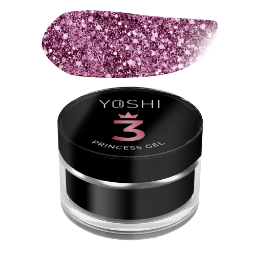 yoshi princess gel pink 5g, różowy żel do zdobień paznokci, żel z drobinami pink yoshi, subtelny efekt paznokcie żel, princess nails różowy żel, żel uv led zdobienia profesjonalne