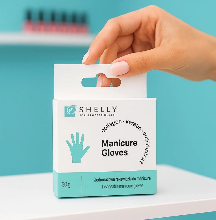 rękawiczki do manicure shelly, manicure bez moczenia, manicure spa dłonie, rękawiczki z keratyną i kolagenem, profesjonalny manicure bez wody, pielęgnacja dłoni salon beauty