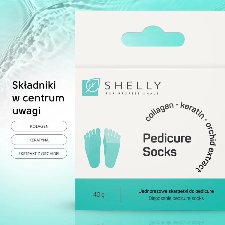 skarpetki do pedicure shelly, pedicure bez moczenia, profesjonalny pedicure spa, skarpetki z keratyną i kolagenem, pielęgnacja stóp salon beauty, jednorazowe skarpetki do pedicure